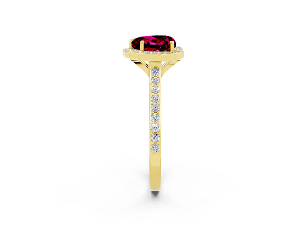 Yellow gold Heart Cut Garnet Halo Engagement Ring with Round Pavé Shoulders and Prong Setting