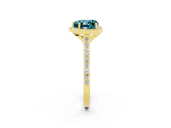 Yellow gold Heart Cut Halo Round Diamond Pavé Band with Four-Prong Setting