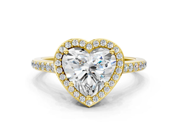 Yellow gold Heart Cut Halo Round Diamond Pavé Band with Four-Prong Setting