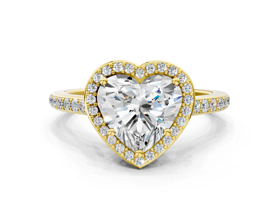 Yellow gold Heart Cut Halo Round Diamond Pavé Band with Four-Prong Setting