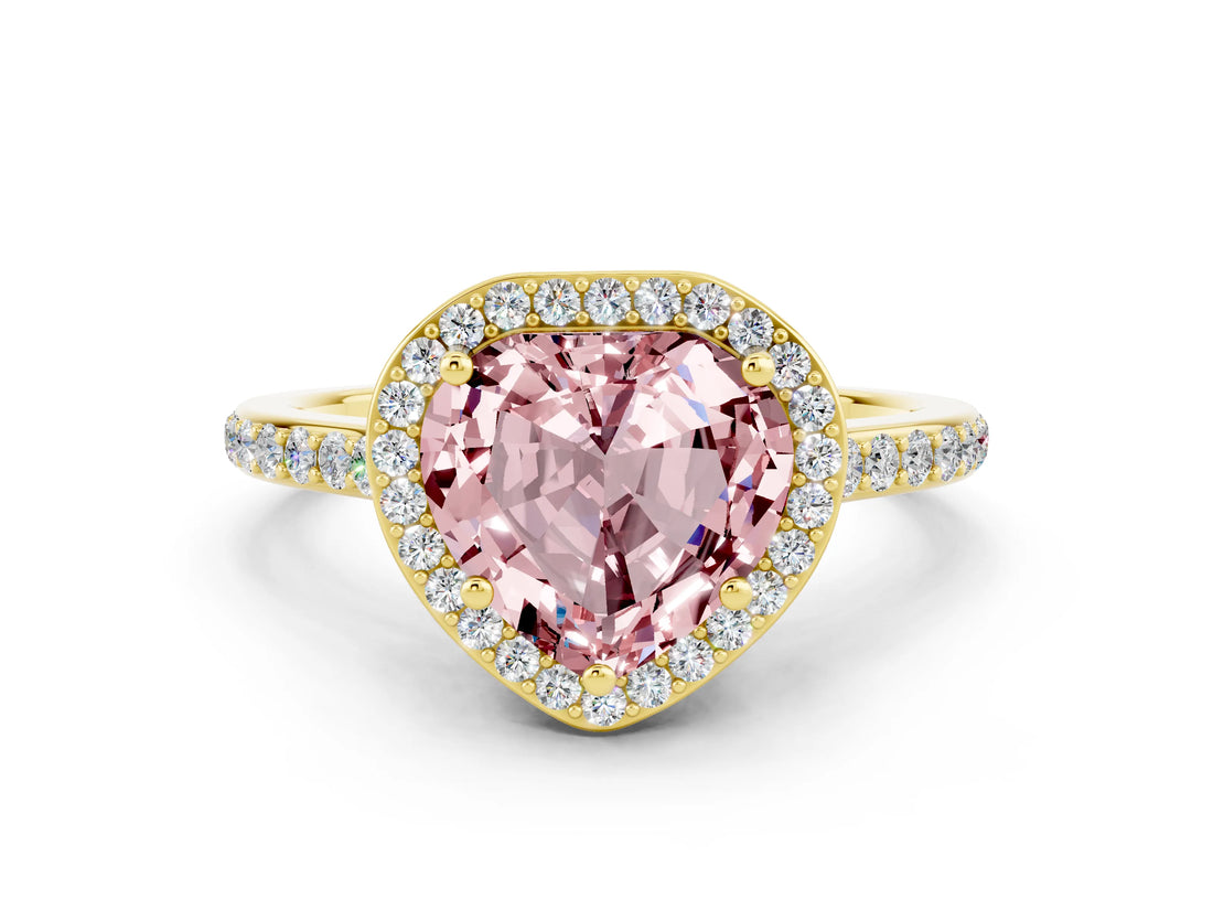 Yellow gold Heart Cut Halo Round Diamond Pavé Band with Four-Prong Setting