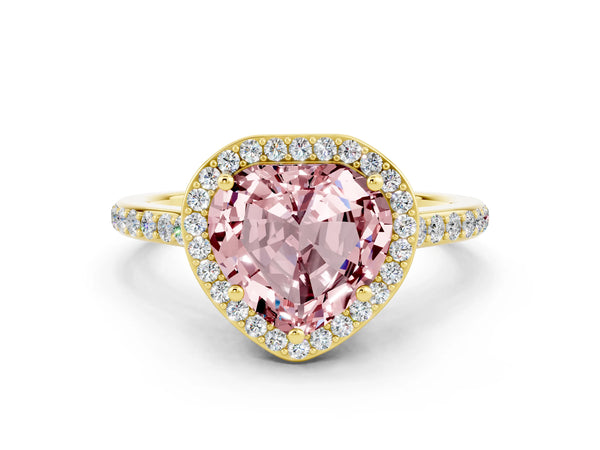 Yellow gold Heart Cut Halo Round Diamond Pavé Band with Four-Prong Setting