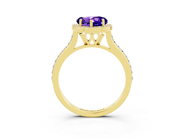 Yellow gold Heart Cut Tanzanite Halo Engagement Ring with Round Pavé Shoulders and Prong Setting