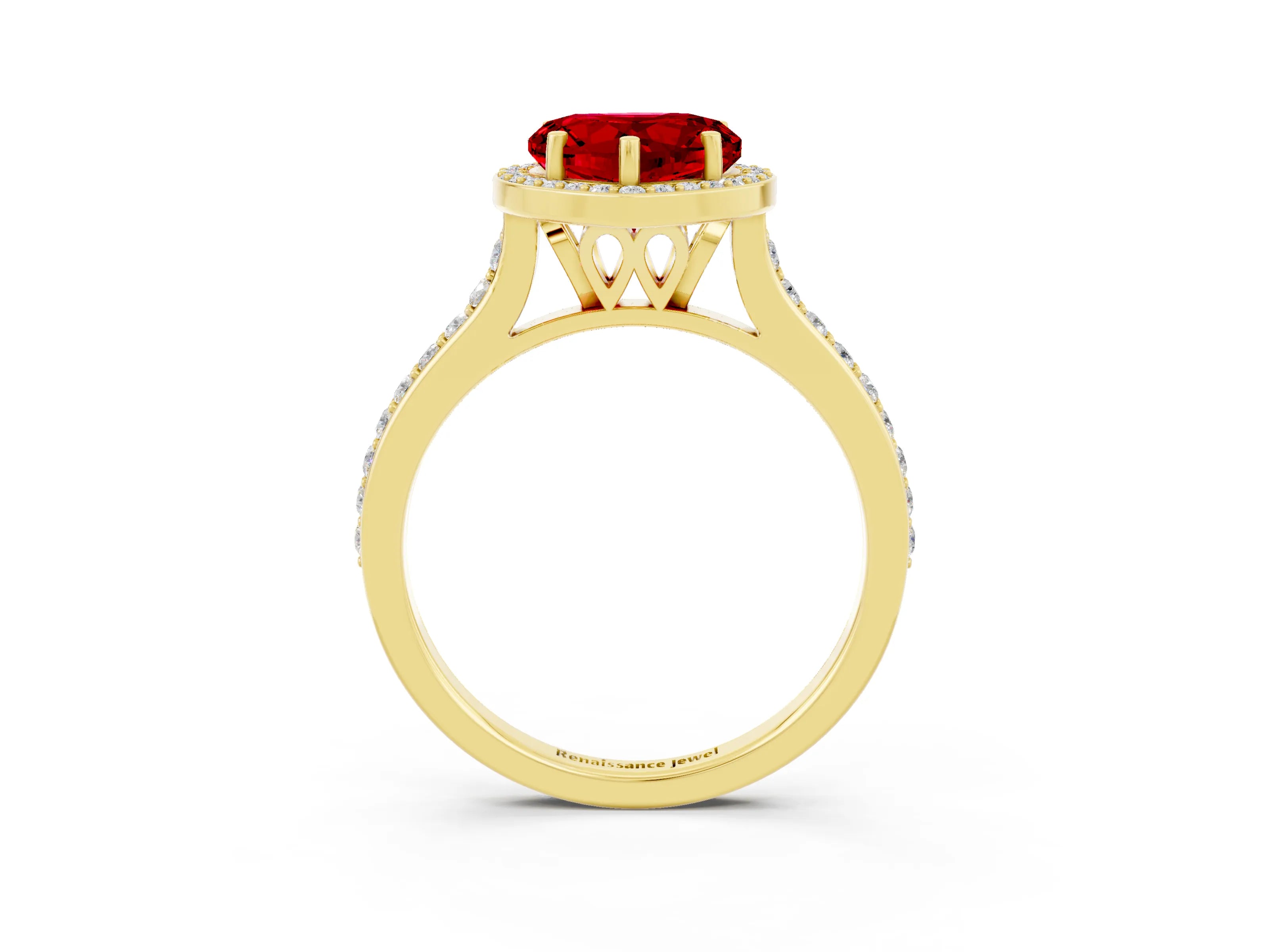 Yellow gold Heart Cut Halo Round Diamond Pavé Band with Four-Prong Setting_3