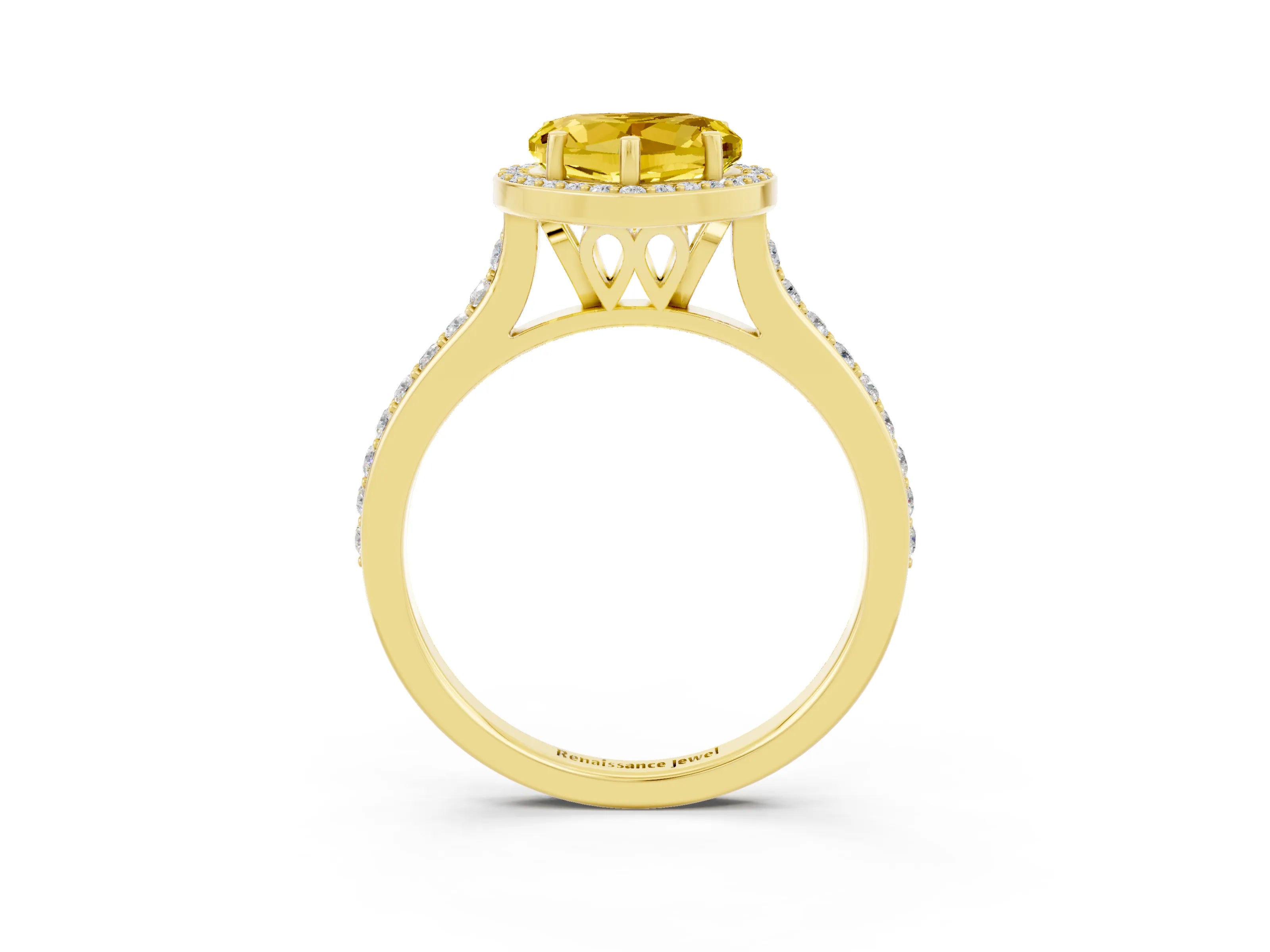 Yellow gold Heart Cut Halo Round Diamond Pavé Band with Four-Prong Setting_3