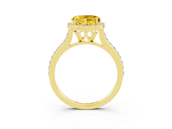 Yellow gold Heart Cut Yellow Sapphire Halo Engagement Ring with Round Pavé Shoulders and Prong Setting