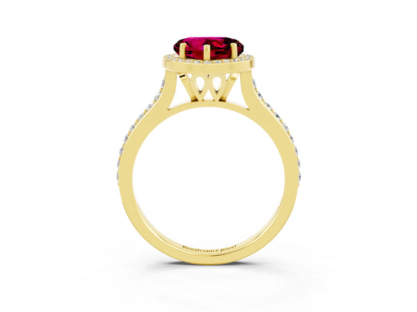 Yellow gold Heart Cut Garnet Halo Engagement Ring with Round Pavé Shoulders and Prong Setting