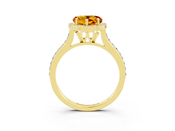 Yellow gold Heart Cut Citrine Halo Engagement Ring with Round Pavé Shoulders and Prong Setting