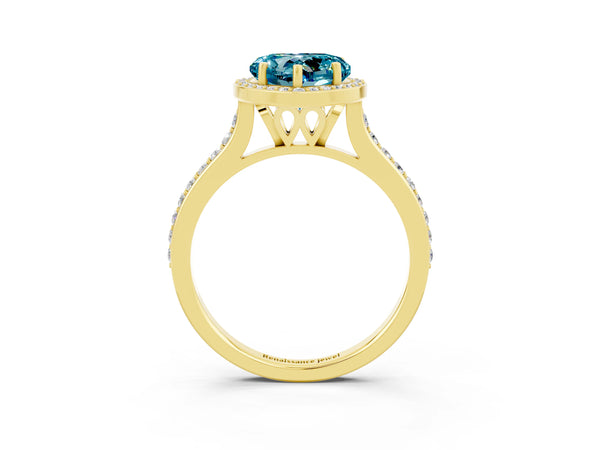 Yellow gold Heart Cut Halo Round Diamond Pavé Band with Four-Prong Setting