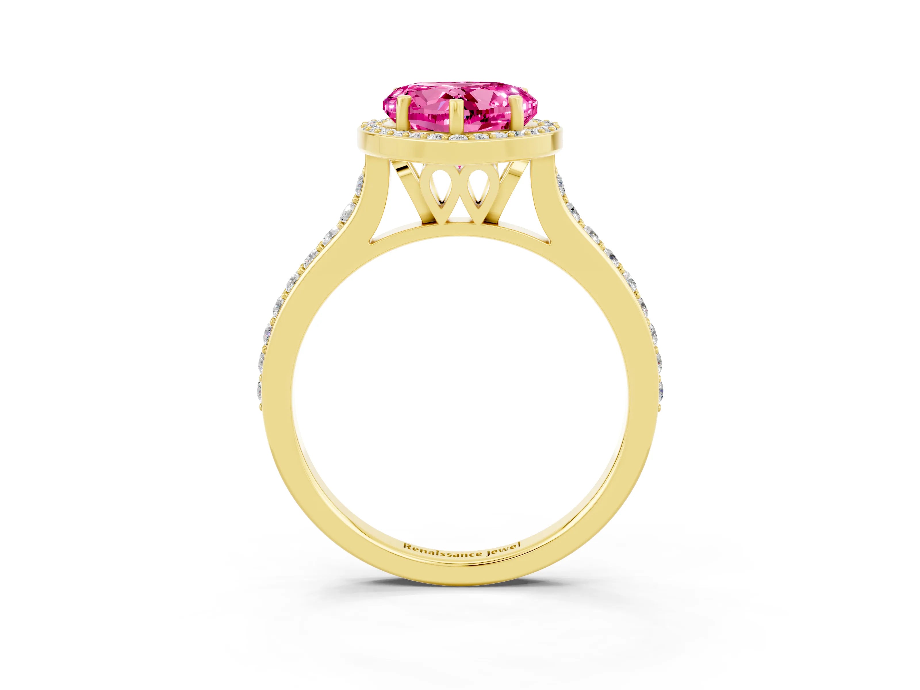 Yellow gold Heart Cut Halo Round Diamond Pavé Band with Four-Prong Setting_3