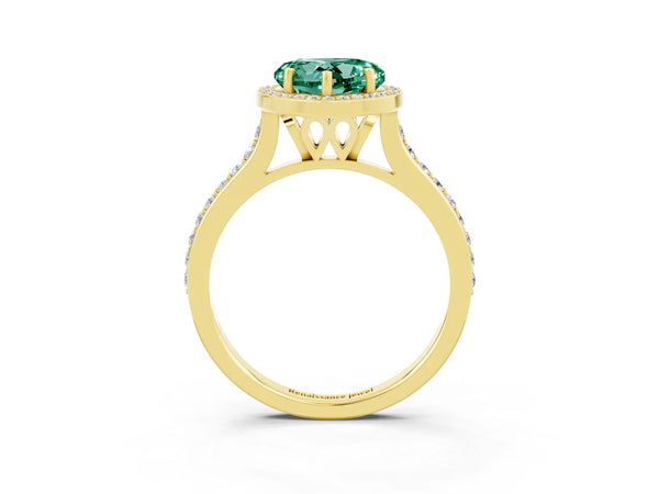 Yellow gold Heart Cut Green Sapphire Halo Engagement Ring with Round Pavé Shoulders and Prong Setting