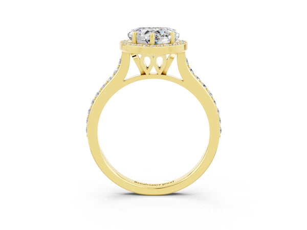 Yellow gold Heart Cut Moissanite Halo Engagement Ring with Round Pavé Shoulders and Prong Setting