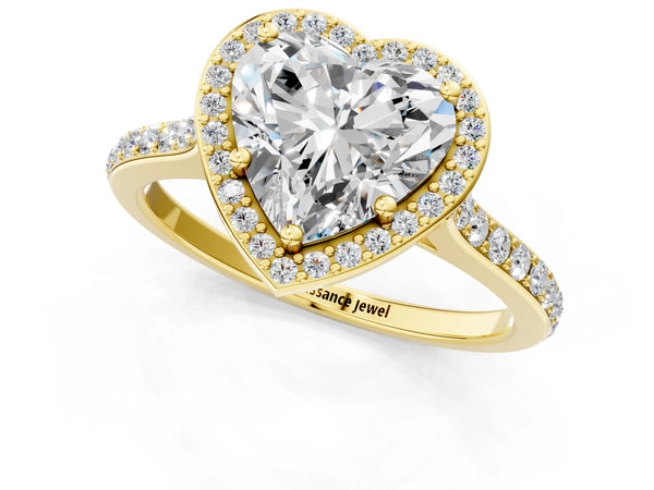 Yellow gold Heart Cut Halo Round Diamond Pavé Band with Four-Prong Setting
