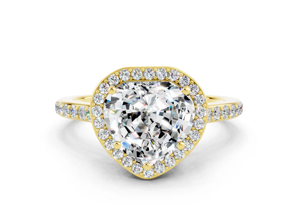 Yellow gold Heart Cut Moissanite Halo Engagement Ring with Round Pavé Shoulders and Prong Setting
