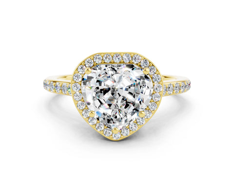Yellow gold Heart Cut Halo Round Diamond Pavé Band with Four-Prong Setting