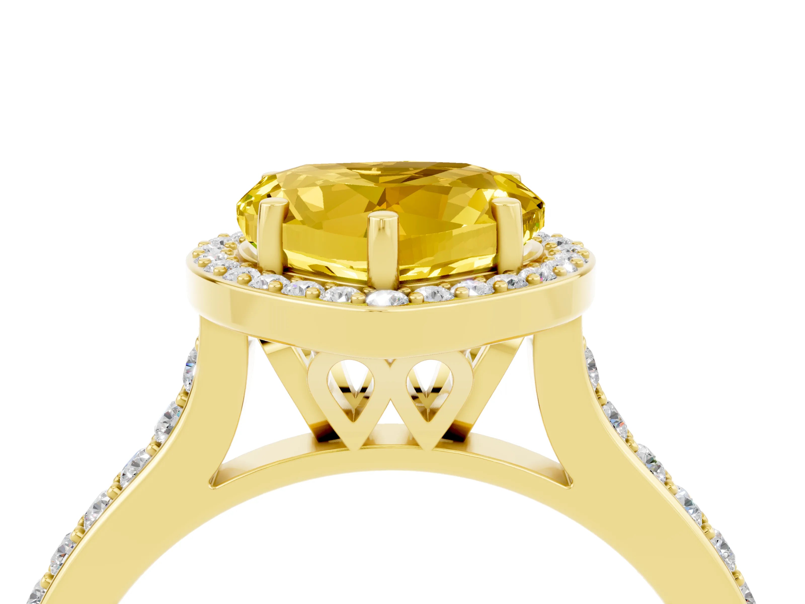 Yellow gold Heart Cut Halo Round Diamond Pavé Band with Four-Prong Setting_4