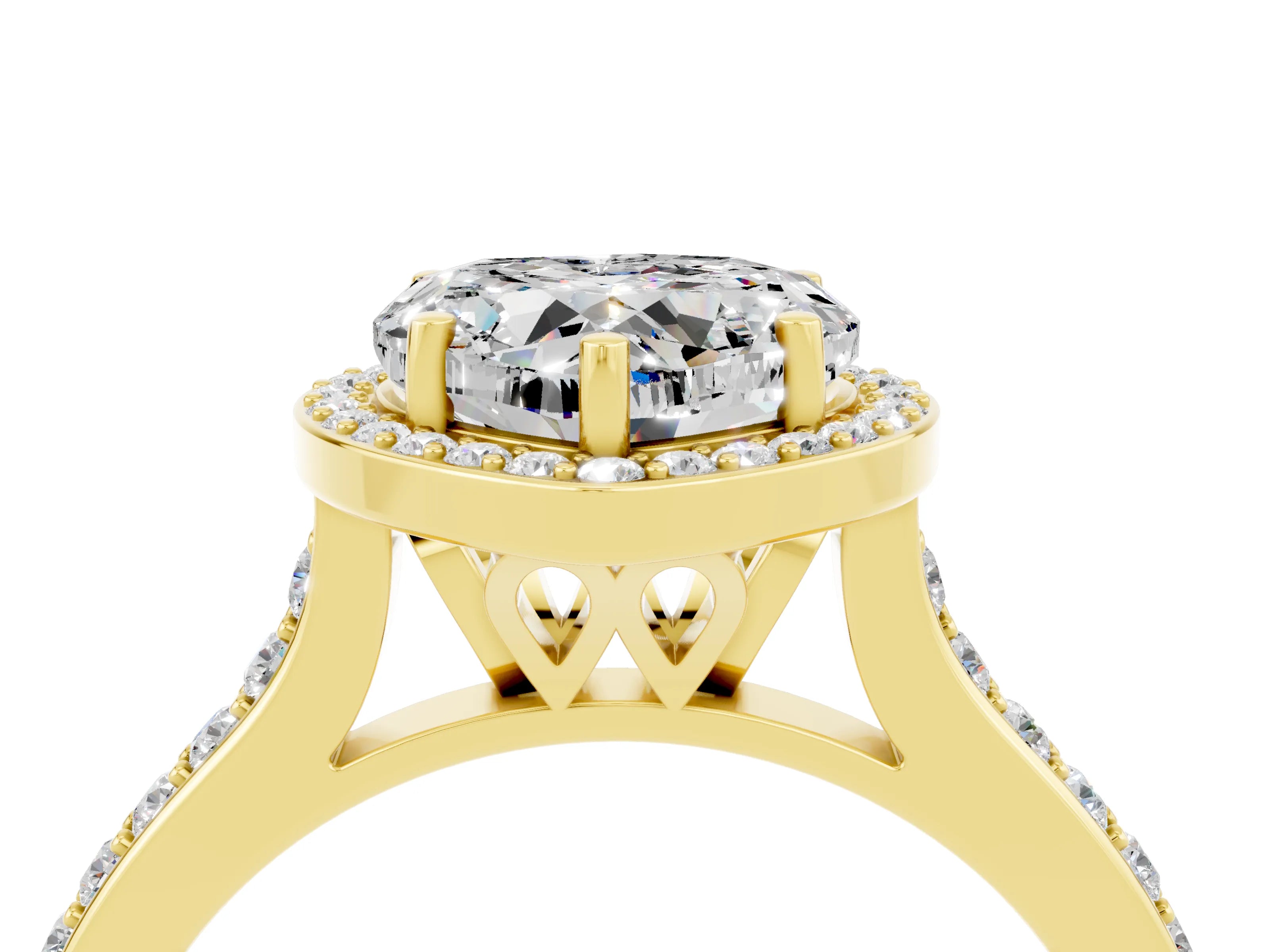 Yellow gold Heart Cut Halo Round Diamond Pavé Band with Four-Prong Setting_4