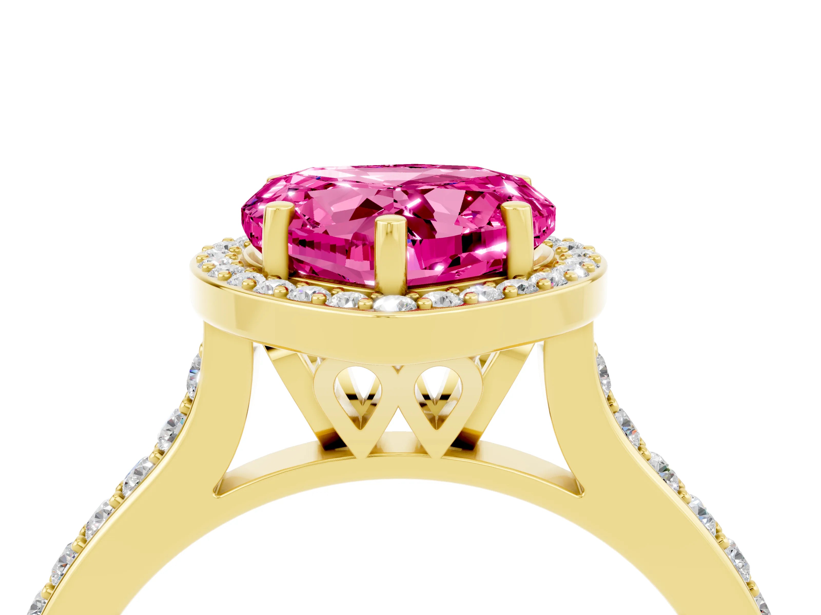 Yellow gold Heart Cut Halo Round Diamond Pavé Band with Four-Prong Setting_4