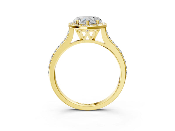 Yellow gold Heart Cut Halo Round Diamond Pavé Band with Four-Prong Setting