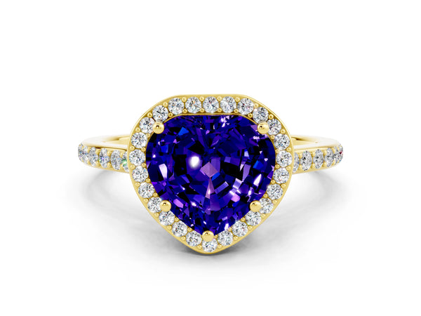 Yellow gold Heart Cut Tanzanite Halo Engagement Ring with Round Pavé Shoulders and Prong Setting