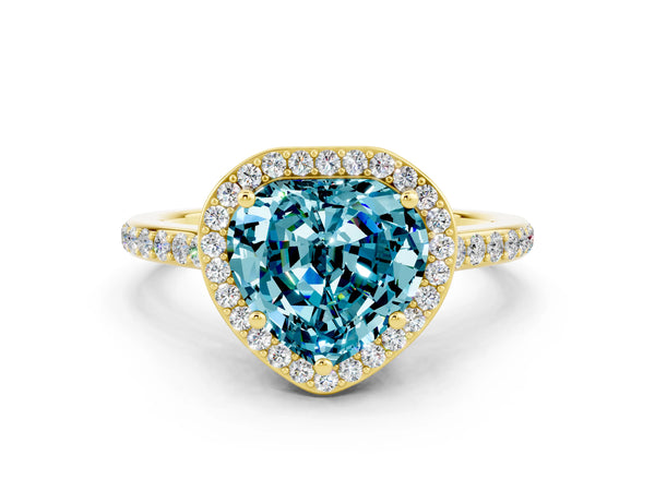 Yellow gold Heart Cut Halo Round Diamond Pavé Band with Four-Prong Setting