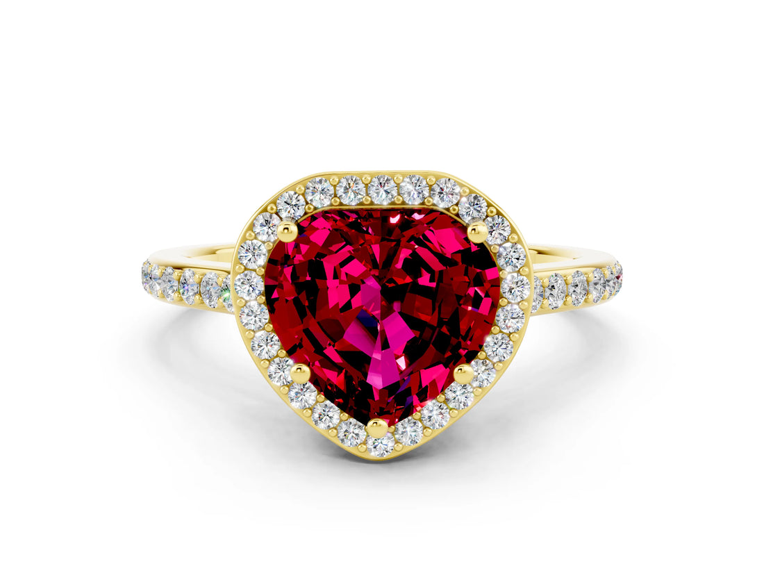 Yellow gold Heart Cut Halo Round Diamond Pavé Band with Four-Prong Setting