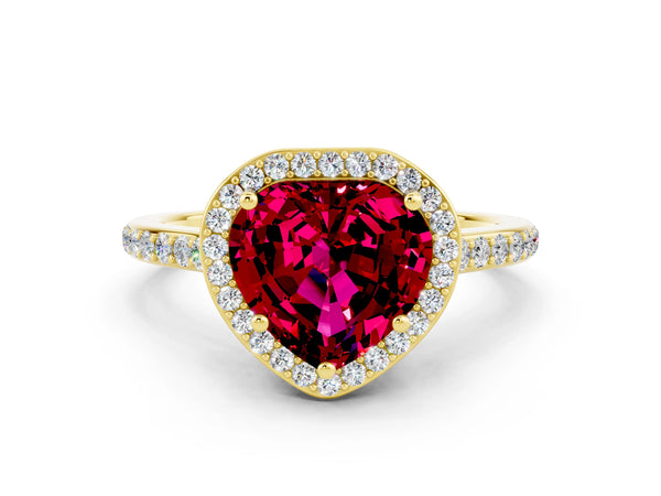 Yellow gold Heart Cut Garnet Halo Engagement Ring with Round Pavé Shoulders and Prong Setting