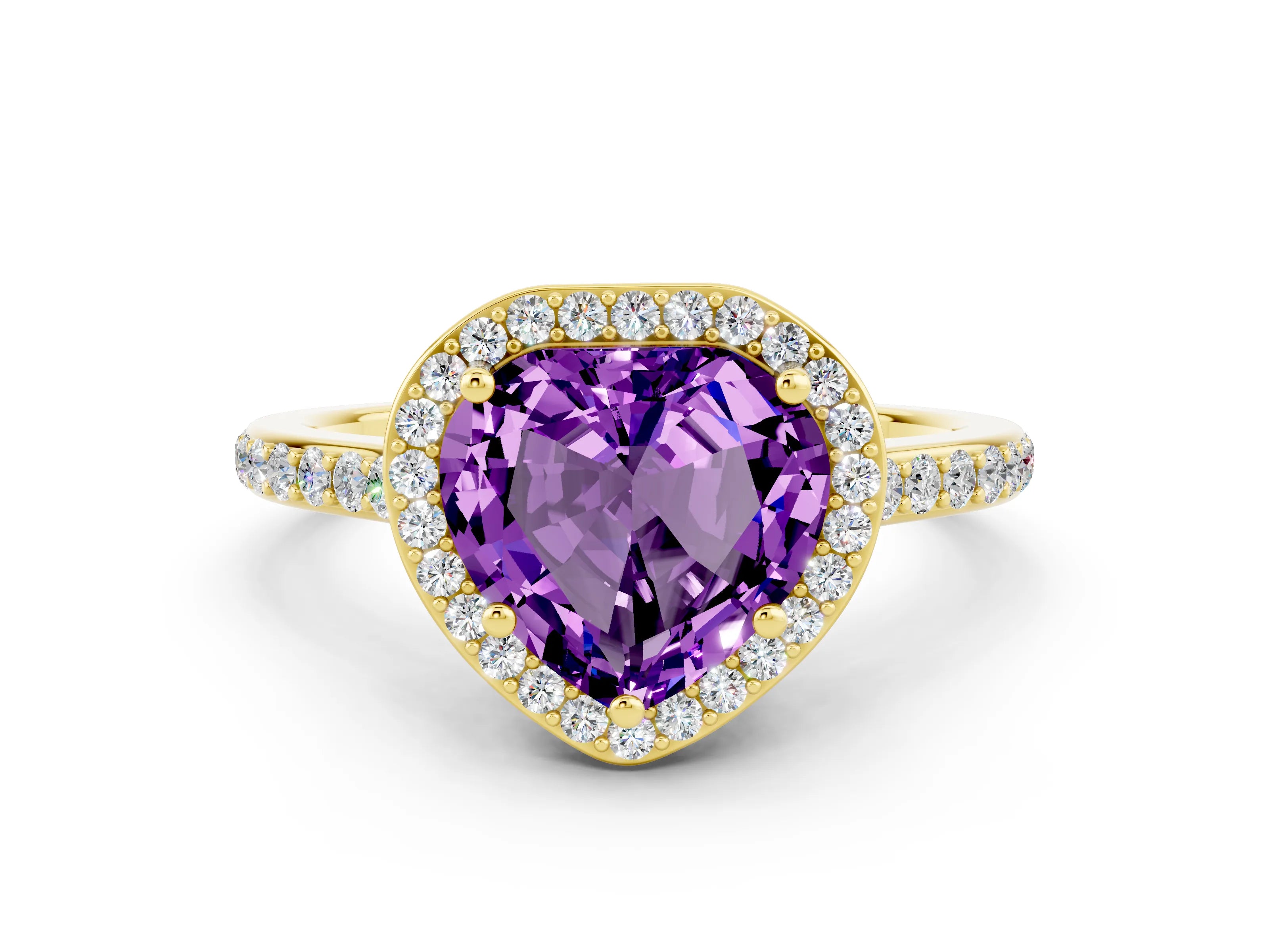 Yellow gold Heart Cut Halo Round Diamond Pavé Band with Four-Prong Setting
