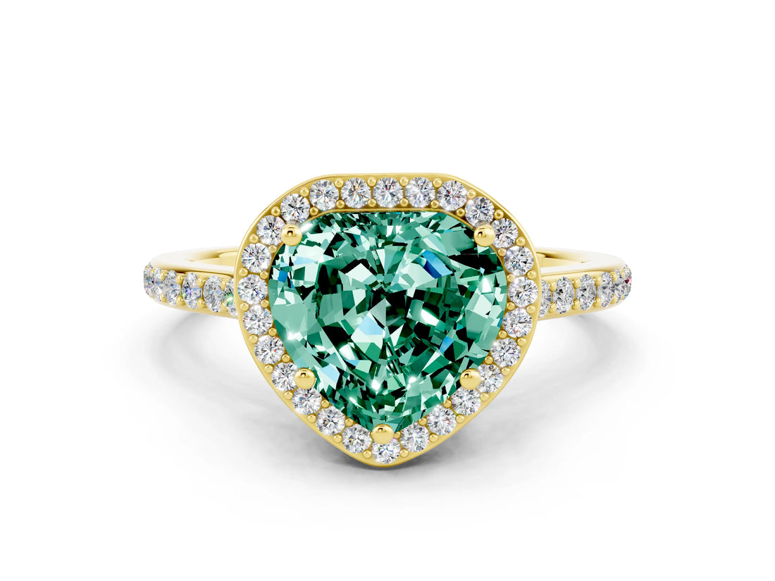 Yellow gold Heart Cut Halo Round Diamond Pavé Band with Four-Prong Setting