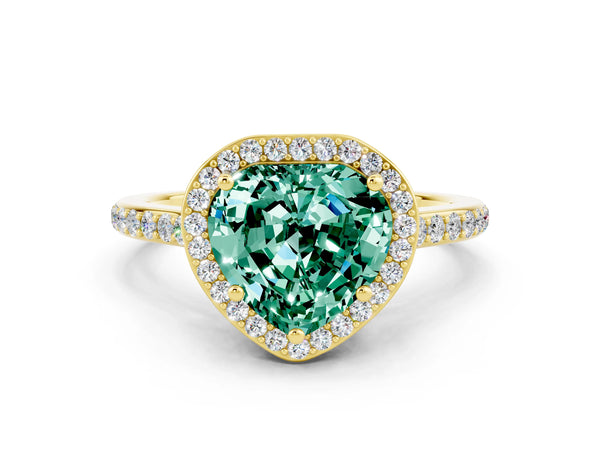Yellow gold Heart Cut Green Sapphire Halo Engagement Ring with Round Pavé Shoulders and Prong Setting