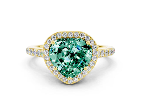 Yellow gold Heart Cut Halo Round Diamond Pavé Band with Four-Prong Setting