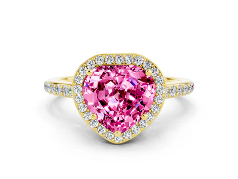 Yellow gold Heart Cut Halo Round Diamond Pavé Band with Four-Prong Setting