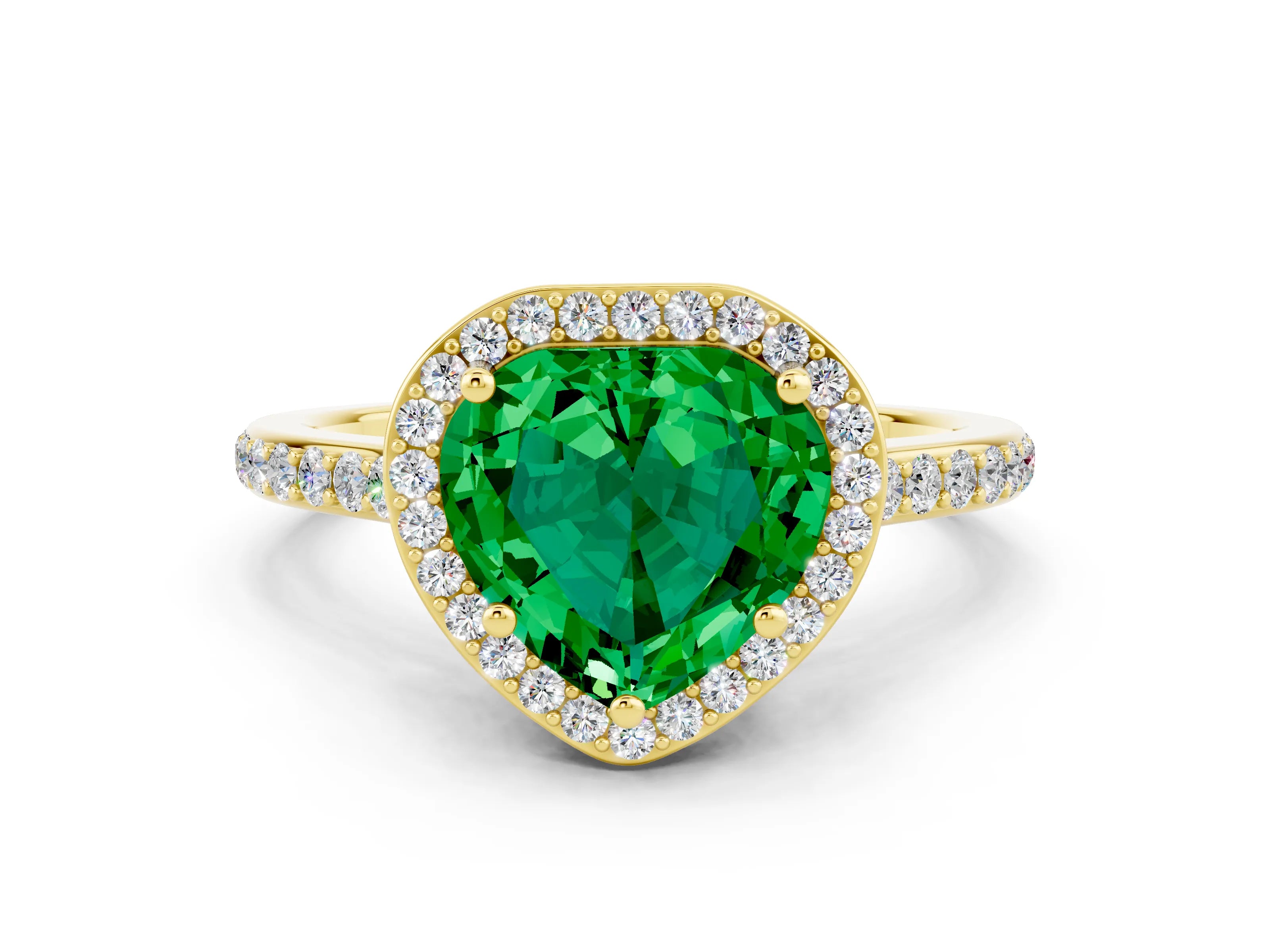 Yellow gold Heart Cut Halo Round Diamond Pavé Band with Four-Prong Setting