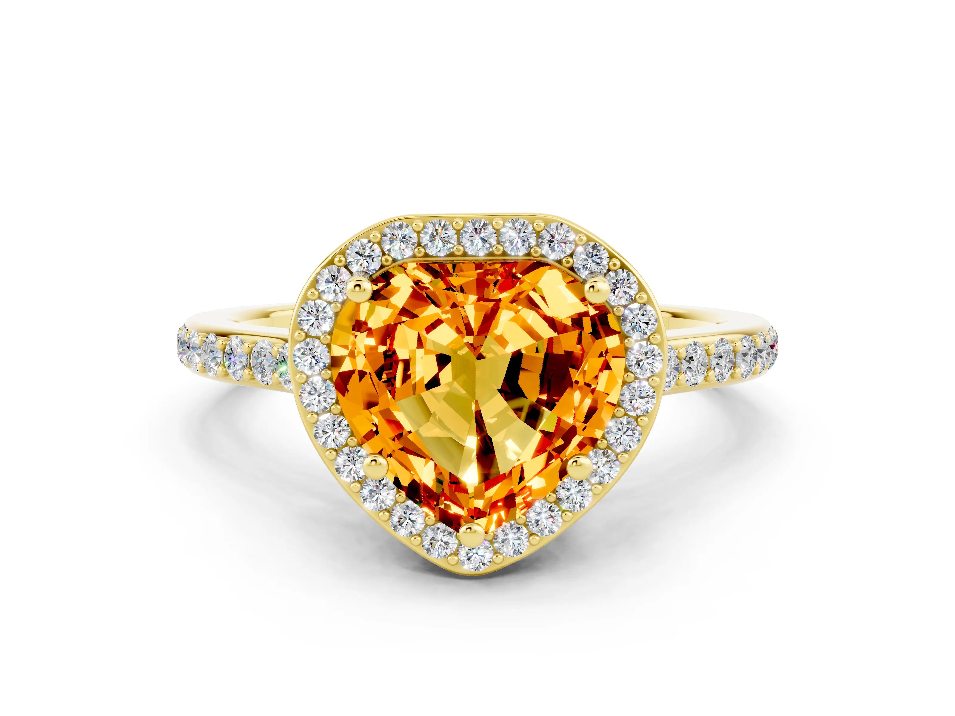 Yellow gold Heart Cut Halo Round Diamond Pavé Band with Four-Prong Setting
