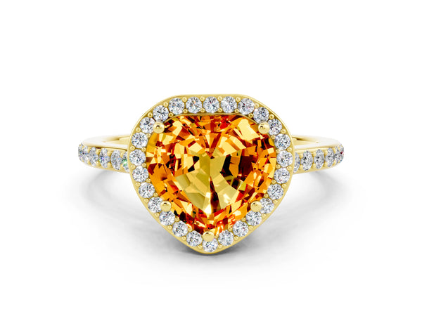 Yellow gold Heart Cut Citrine Halo Engagement Ring with Round Pavé Shoulders and Prong Setting