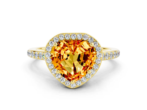 Yellow gold Heart Cut Halo Round Diamond Pavé Band with Four-Prong Setting
