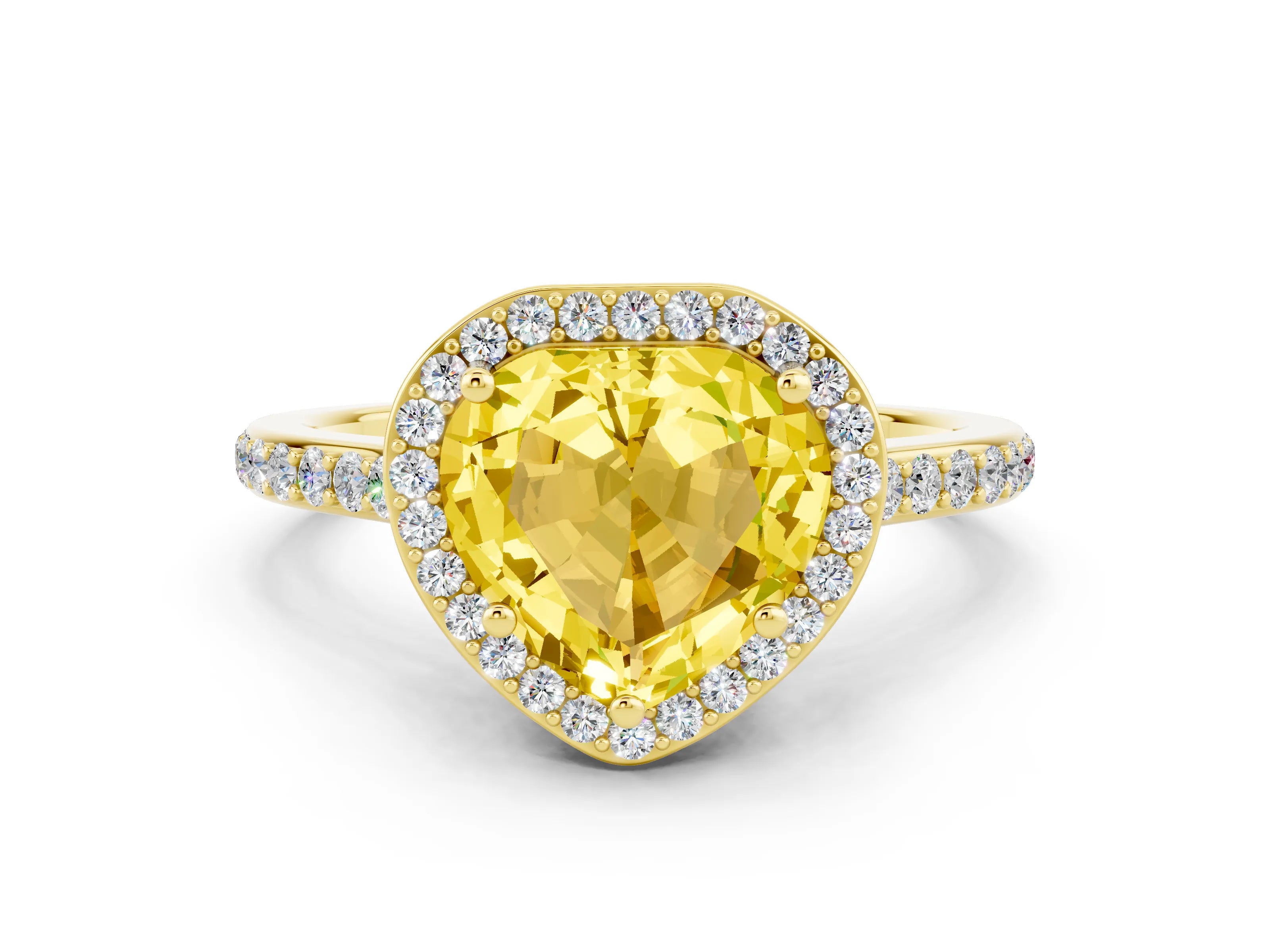 Yellow gold Heart Cut Halo Round Diamond Pavé Band with Four-Prong Setting