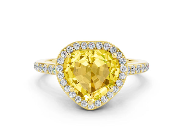 Yellow gold Heart Cut Yellow Sapphire Halo Engagement Ring with Round Pavé Shoulders and Prong Setting