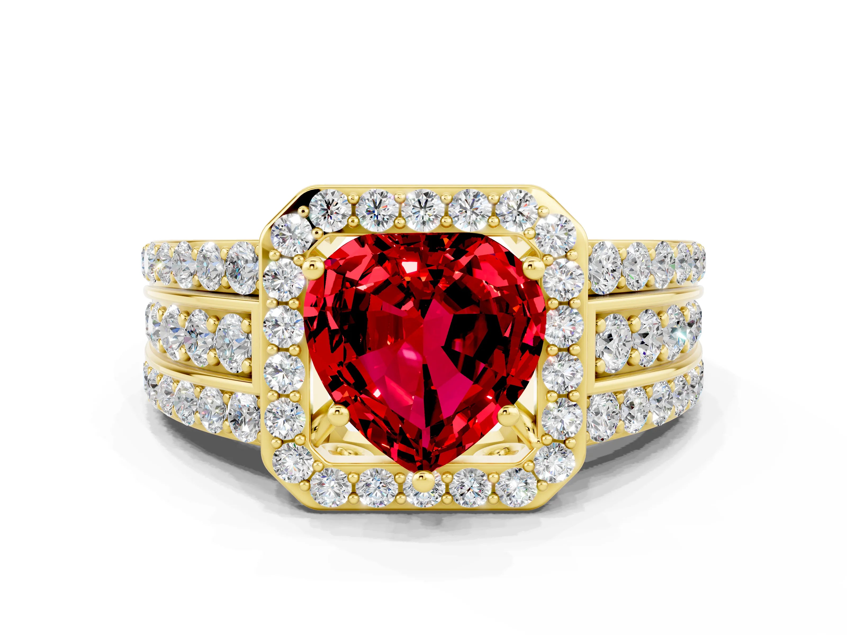 Yellow gold Heart Cut Halo Ruby Ring with Split Shank and Four-Prong Setting