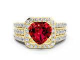 Yellow gold Heart Cut Halo Ruby Ring with Split Shank and Four-Prong Setting