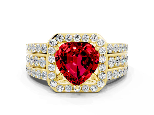Yellow gold Heart Cut Halo Ruby Ring with Round  Split Shank and Prong Setting