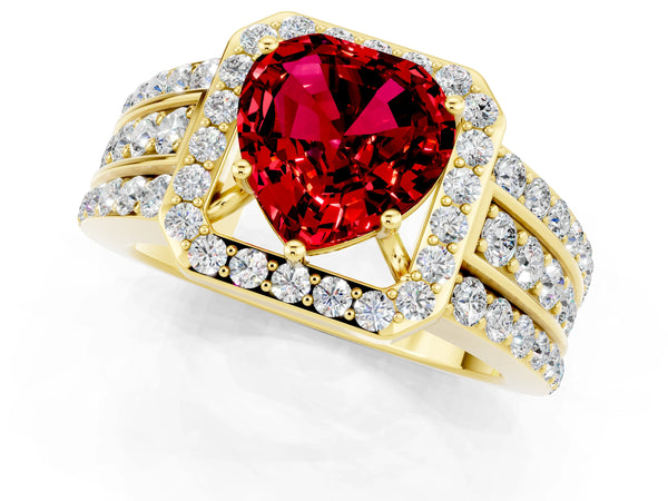 Yellow gold Heart Cut Halo Ruby Ring with Round  Split Shank and Prong Setting