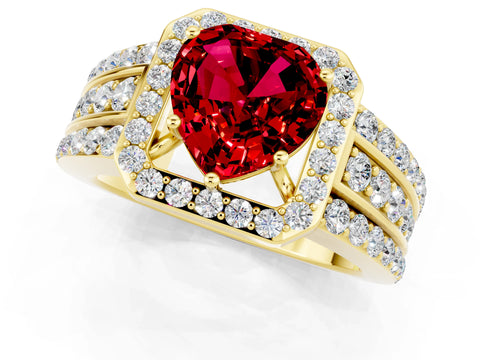 Yellow gold Heart Cut Halo Ruby Ring with Split Shank and Four-Prong Setting_1