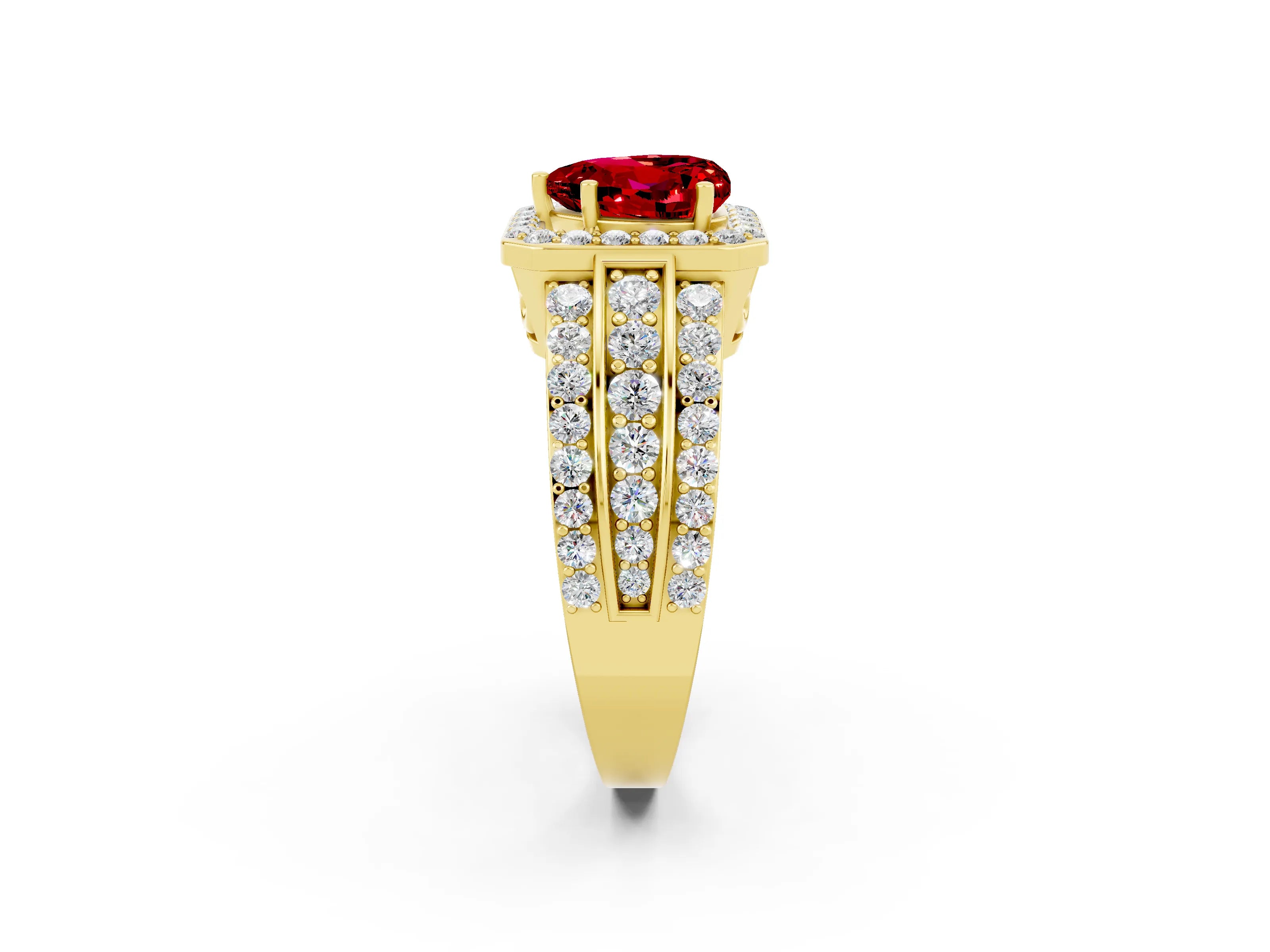 Yellow gold Heart Cut Halo Ruby Ring with Split Shank and Four-Prong Setting_2