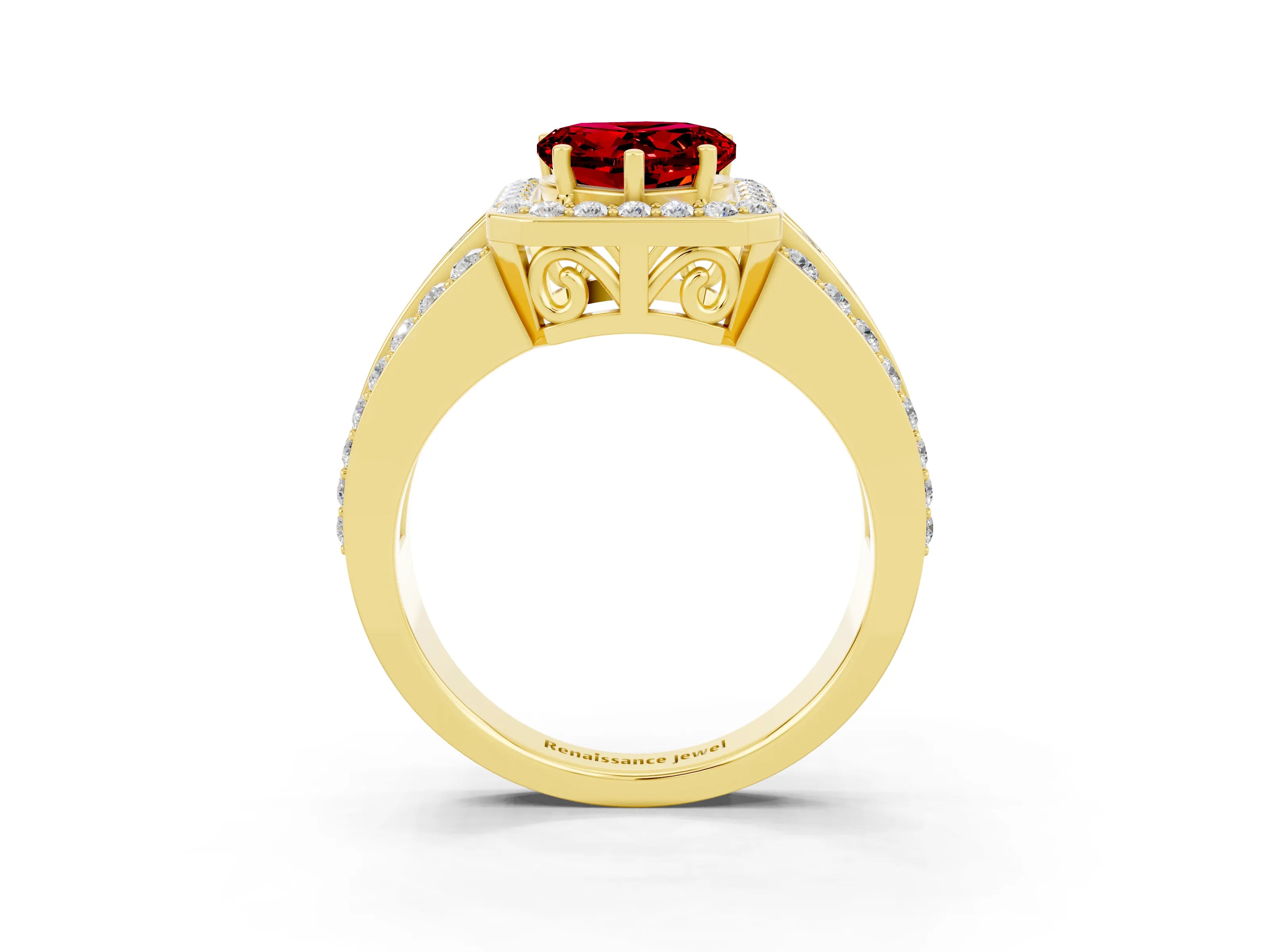 Yellow gold Heart Cut Halo Ruby Ring with Split Shank and Four-Prong Setting_3