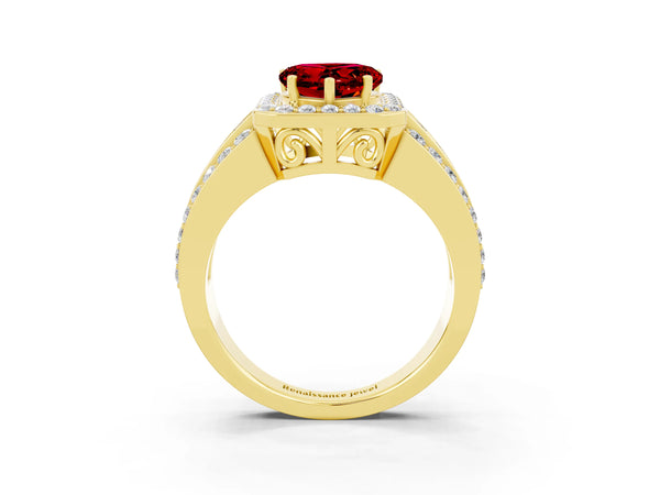 Yellow gold Heart Cut Halo Ruby Ring with Round  Split Shank and Prong Setting