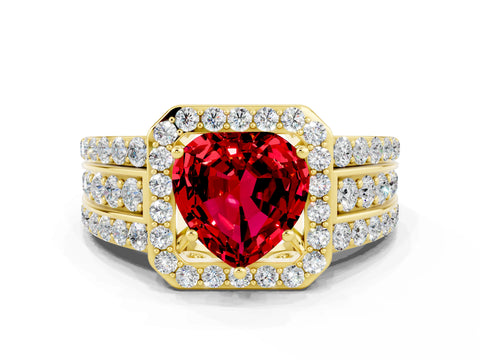 Yellow gold Heart Cut Halo Ruby Ring with Split Shank and Four-Prong Setting