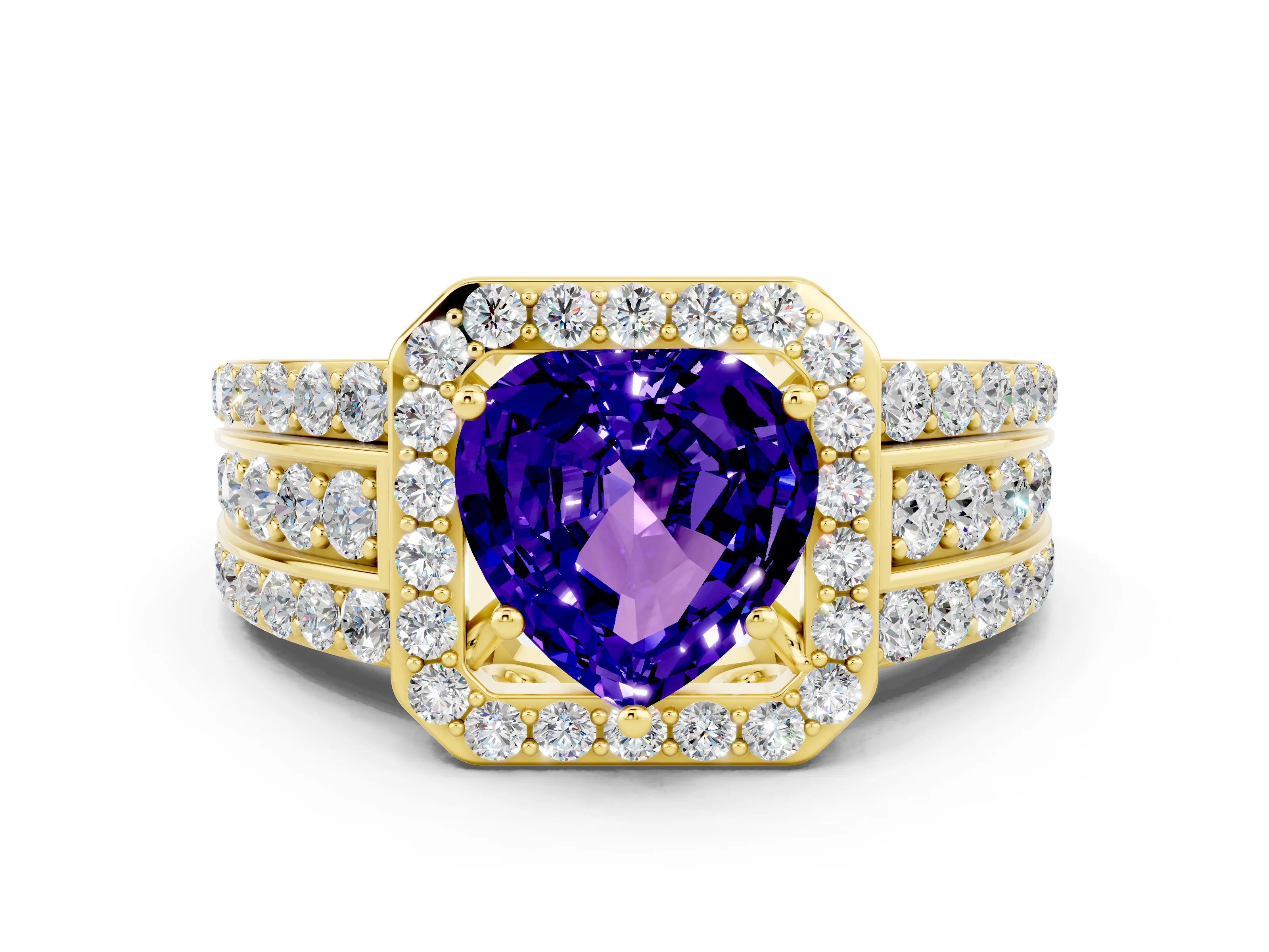 Yellow gold Heart Cut Halo Tanzanite Ring with Split Shank and Four-Prong Setting