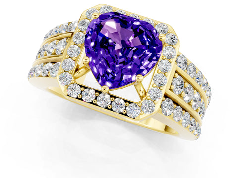 Yellow gold Heart Cut Halo Tanzanite Ring with Split Shank and Four-Prong Setting_1