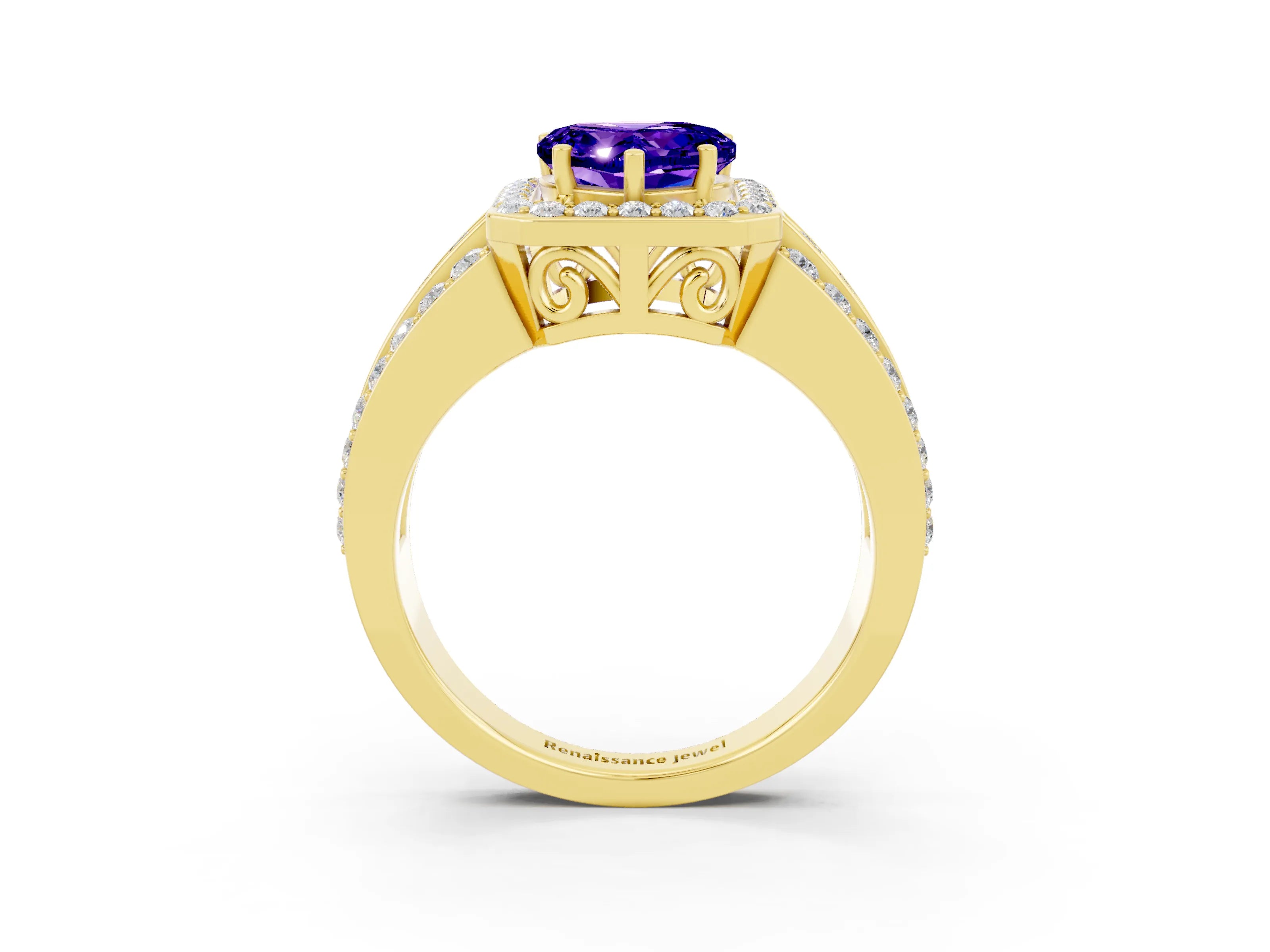Yellow gold Heart Cut Halo Tanzanite Ring with Split Shank and Four-Prong Setting_3